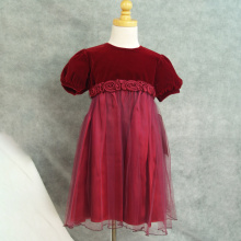 Velvet red mesh kids frock designs little girls dresses baby frock designs