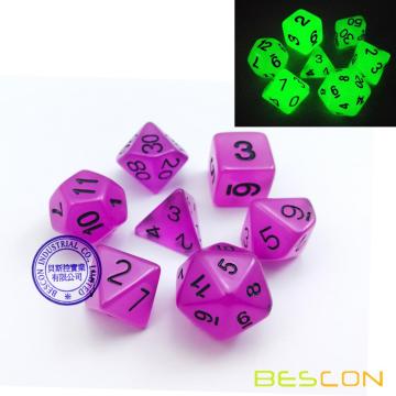 Bescon Polyhedral 7-Die Set: GLOW IN DARK Dice Set in Purple Color
