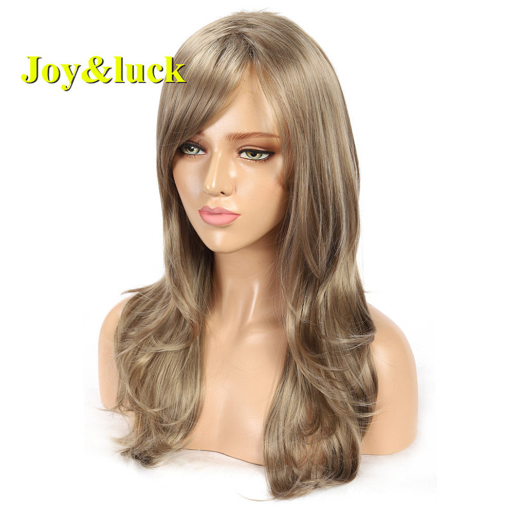 Wholesale Price Long Blonde Mix Brown Color Party Natural Wave Wigs for Women With Bangs Cosplay Wig Style Synthetic Hair Wigs