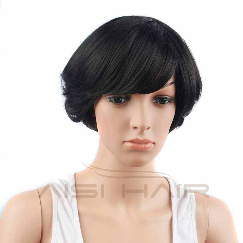 Factory Wholesale Price Short Black Wave Hair , Wigs With Side Bangs , Synthetic Pixie Cut Wigs For Black Women