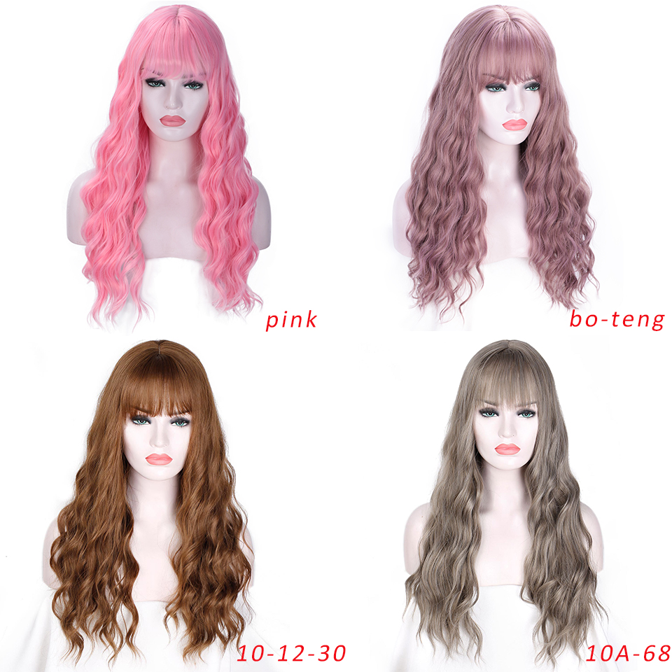 Vigorous Synthetic Long Gray Wigs with Bangs Water Wave Heat Resistant Black Brown Pink Purple Cosplay Wigs for Women