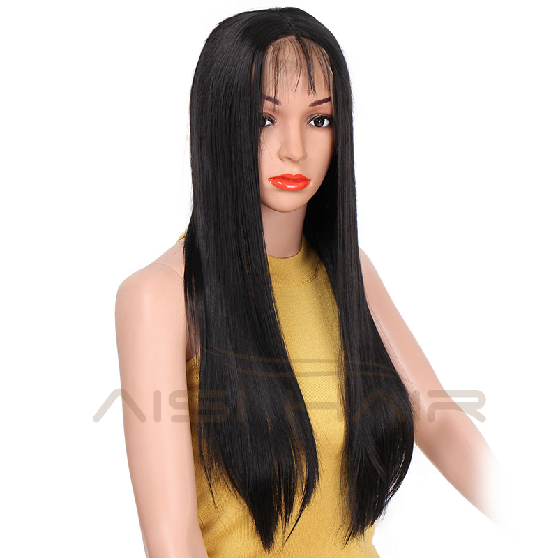 Aisi Hair Top Quality Natural Black Long Straight Synthetic Lace Front Wigs With Baby Hair For Black Women