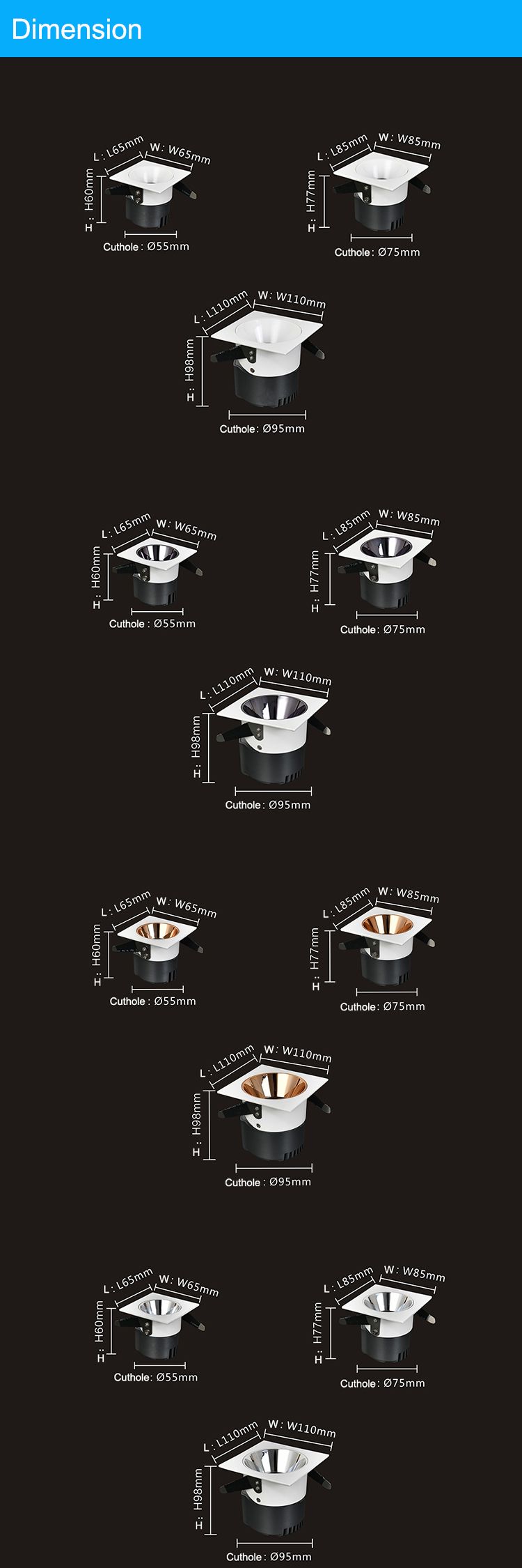 Fit for hotel house office indoor iP20 3000k dimmable recessed light