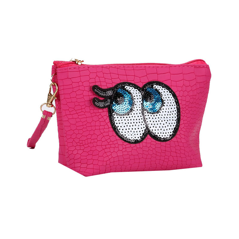 Funny Girls Fashion Cosmetic Bag Eyes Sequin Embroidery Patch Textured PU Lipstick Zipper Pouch Bag