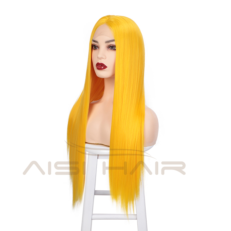 Aisi Hair 26 Inch Long Silky Straight Yellow Wig Cosplay Swiss Lace Wig Middle Part Synthetic Lace Front Wigs For Black Women