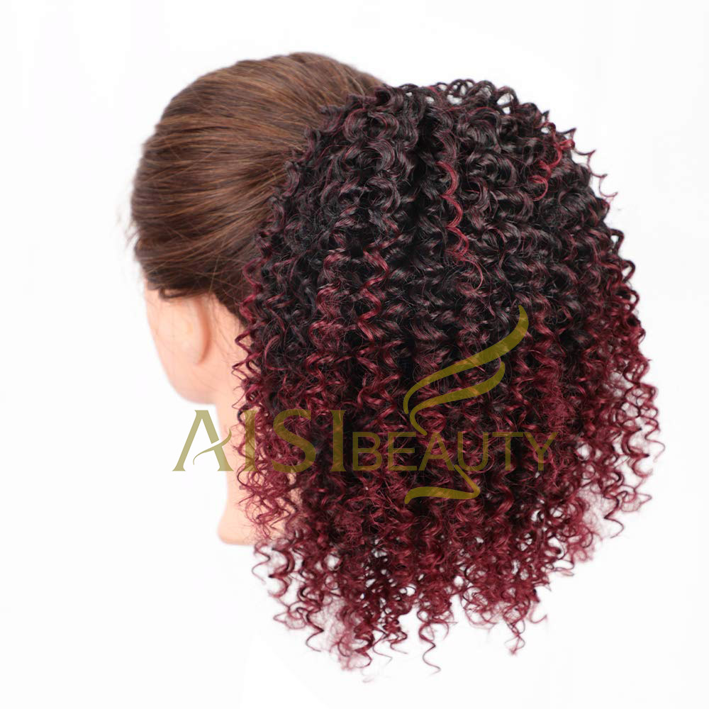 Aisi Beauty New Design Wholesale Ombre Red Afro Fluffy Puff Hairpiece Extension Messy Donut Curly Afro Kinky Afro Hair Bun