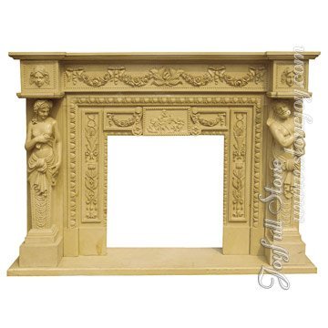 Yellow Marble Carved Statue Fireplace