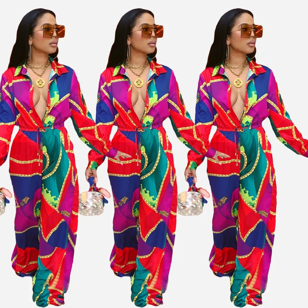 Hot Sell Women Floral Sexy Long Sleeve One Piece Loose Pant Bodysuit Jumpsuit