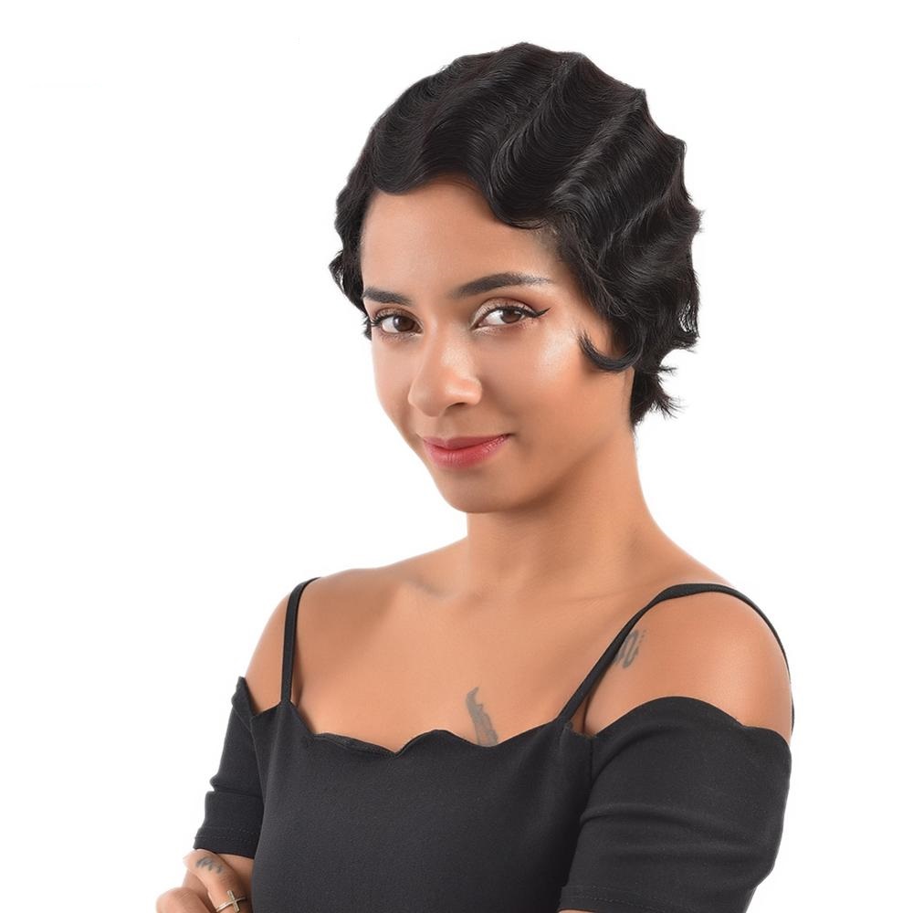 Short Pixie Cut Finger Wave Wig 100% Human Hair,  Non Lace Machine Made Pixie Wavy Short Human Hair Wigs For Black Women