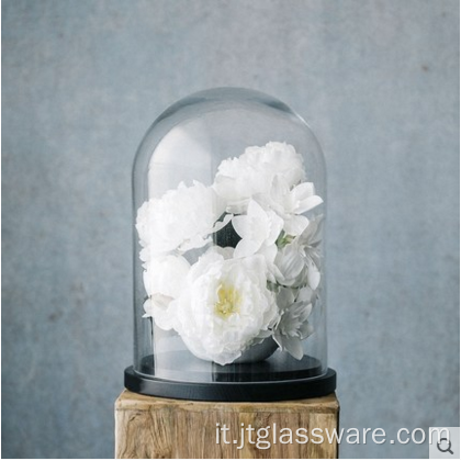 Base in legno a cupola in vetro trasparente soffiato a mano con fiore