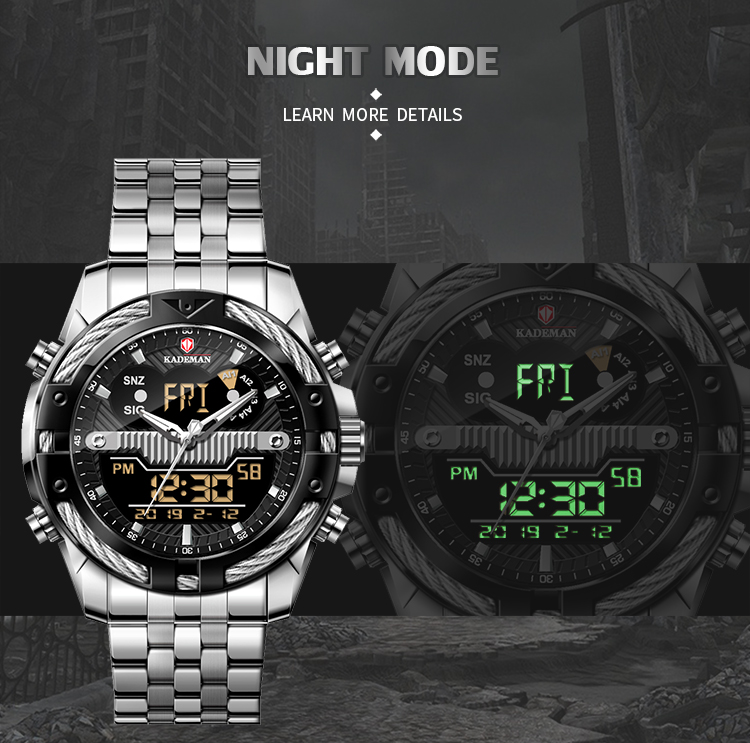 Kademan 9076 Dual Display Man Watch Steel Waterp Proof Chrono Sport Analog Watches Digital Men