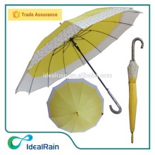 Ladies yellow color metal frame J plastic long handle umbrella