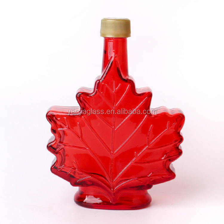 red colored 250ml maple shaped wine/honey/syrup glass bottle with screw plastic cap