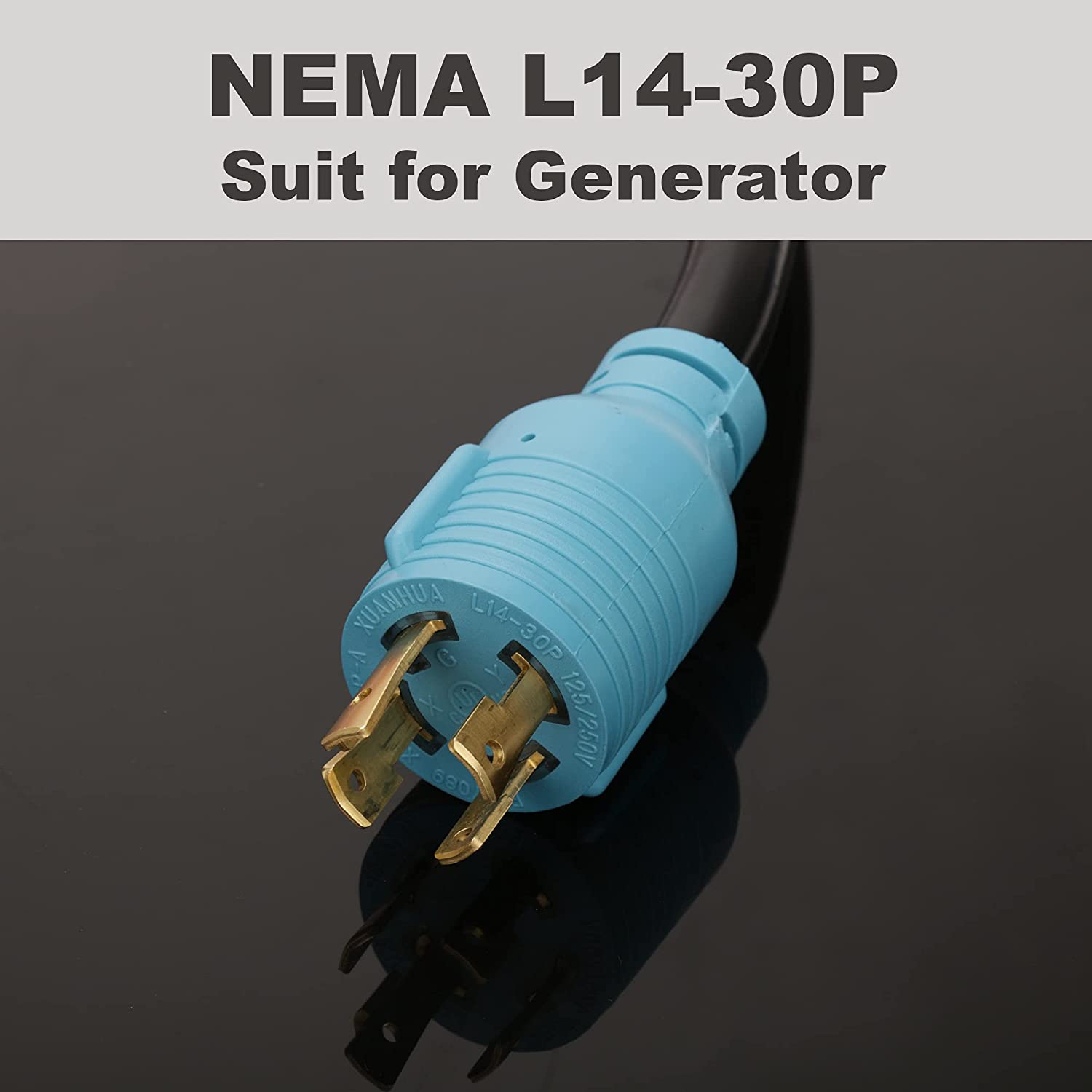 NEMA L14-30P Male to 4X 5-20R T-Blade Household Outlet Female with Dust Protection cable, 10 Gauge 30 Amp 125/250V 7500W Blue