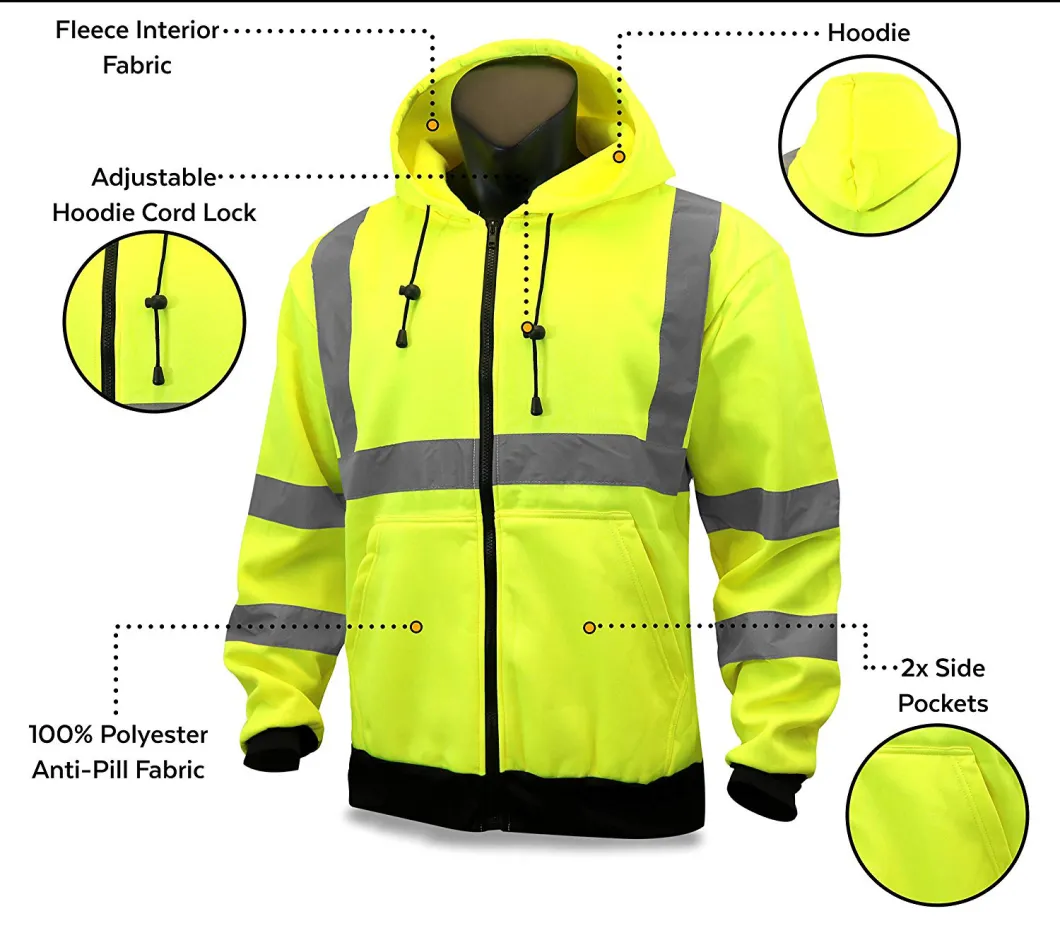 Hi Vis Fleece Hoodie Reflective Safety Construction Work Wear Security Reflector Jacket