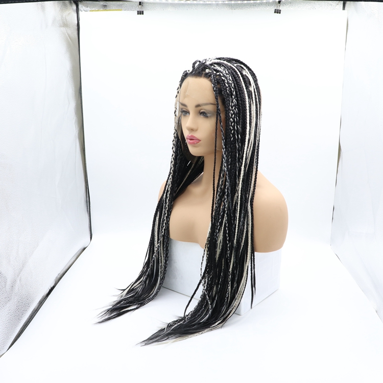 Long straight mixed silver cheap wholesale high quality heat resistant synthetic braided wig with lace front