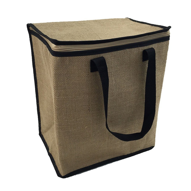 Logo yang boleh diguna semula oleh zipper yang boleh diguna semula Tote Hessian Jute Cooler Bag untuk Foil Foil Insulated Bag