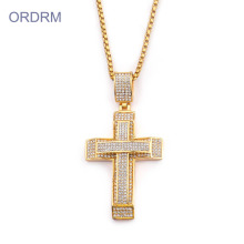 Mens Stainless Steel Crystal Gold Cross Necklace