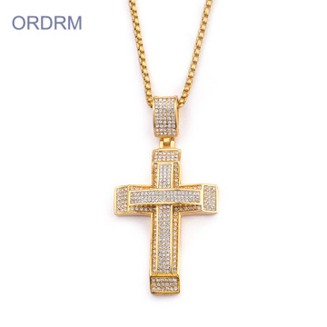 Mens Stainless Steel Crystal Gold Cross Necklace