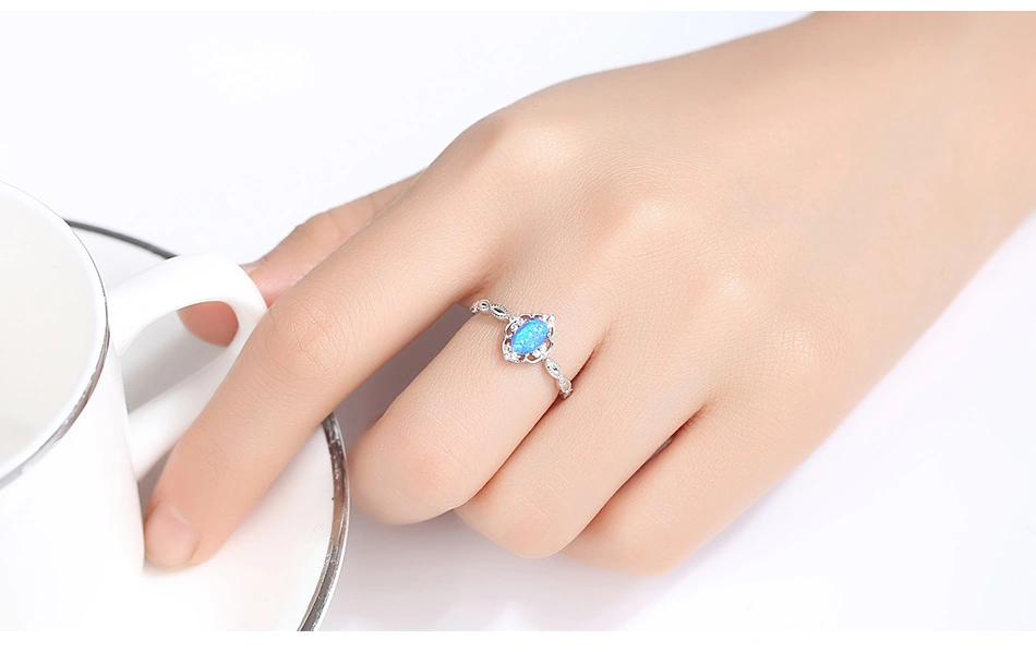 S925 Silver CZ Oval Shape Engagement Blue Opal Rings