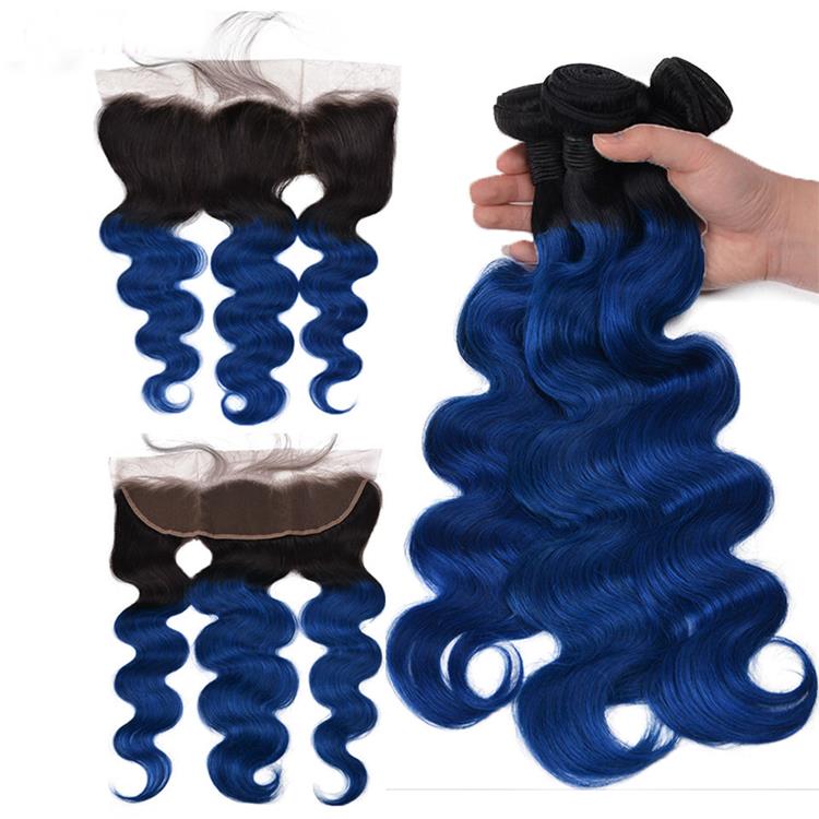 Hot Selling Unprocessed Indian Virgin Hair Body Wave Ombre 1B/blue Hair Weave Raw Human Hair Extensions