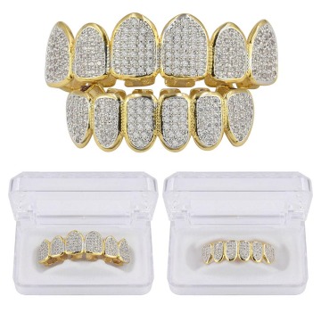 Gold Color Plated Hip Hop Teeth Grillz: High Quality Micro Pave CZ Top & Bottom Grill Mouth Grills Set