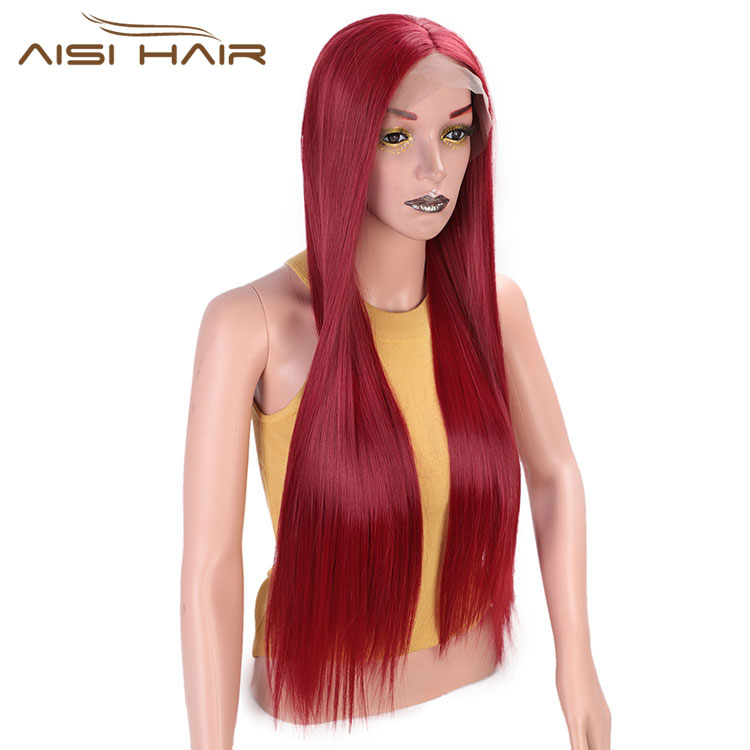 Aisi Hair High Temperature Fiber Synthetic Long Straight Wigs Wine Red Middle Part Lace Front Long Wigs For Black Women