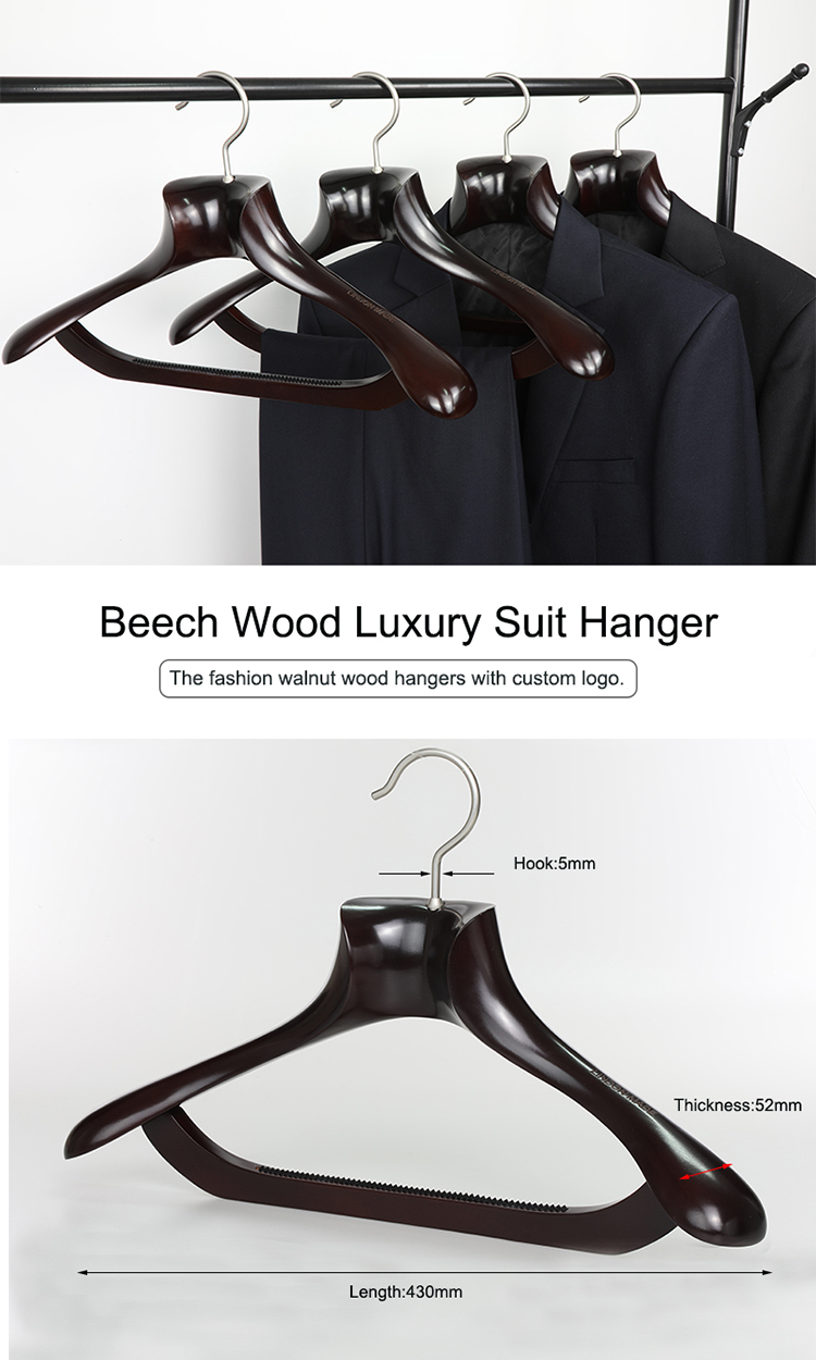 Custom Brand Extra Wide Shoulder Non Slip Pants Bar Beech Wood Suit Hanger for Cloth