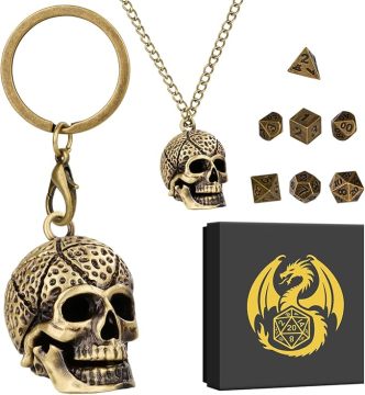 Mini DND Dice Set with Skull Head Metal Cage Portable Keychain Necklace, Tiny 7pcs Polyhedral Dice Set in Skeleton Necklace