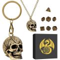 Mini DND Dice Set with Skull Head Metal Cage Portable Keychain Necklace, Tiny 7pcs Polyhedral Dice Set in Skeleton Necklace