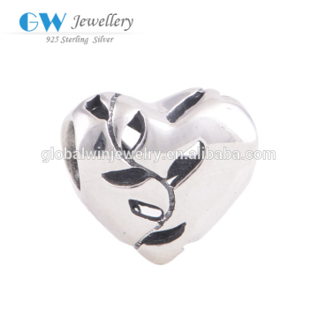 Elegant Design Silver Charm 925 Pure Silver Heart Charm Openworking Leaf Charm