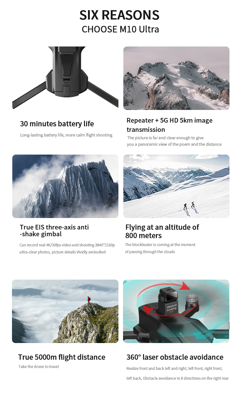 M10 PRO Drone 4K GPS 3-Axis EIS 5G Wifi Quadcopter 5KM Distance 800M Height Brushless Profesional Dron RC Helicopter Plane