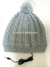 Wired headphone hat with pom pom, headphone music hat