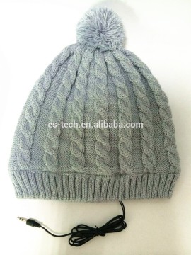 Wired headphone hat with pom pom, headphone music hat