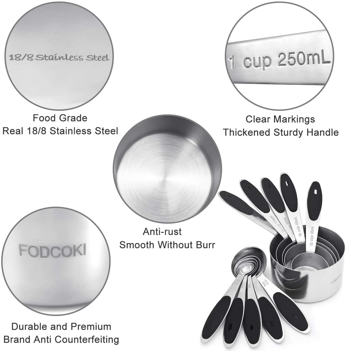 Kitchen Measuring Cups and Spoons Set of 12, 18/8 Stainless Steel Measuring Spoons and Cups with Silicone Handle, Black