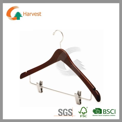 Popular Semi-contoured wooden clothes hanger with clips