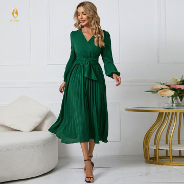 Elegant Slim Pleated Belt Long Sleeve A-Line Party Dress