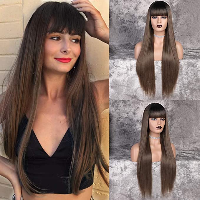 Vigorous 28 inches Long Straight Black Wig Lace Heat Resistant Synthetic Wig With Bangs Natural Hair Wig for Black Women