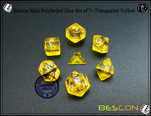 Bescon Mini Polyhedral Dice Set of 7--Transparent Yellow-5 Bescon Mini Polyhedral Dice Set of 7--Transparent Yellow-5