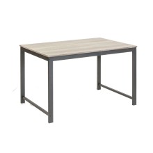Industrial look dining table with Canyon Oak foil finish and metal frame.
