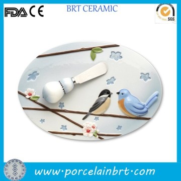 Decorative embossed birds Cheese Platter with spreader