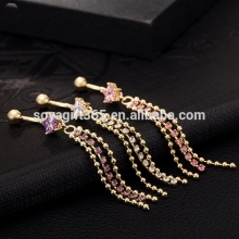 Gold Plated Sexy Dangle Long Tassel Star Crystal Reverse Belly Button Rings Body Piercing