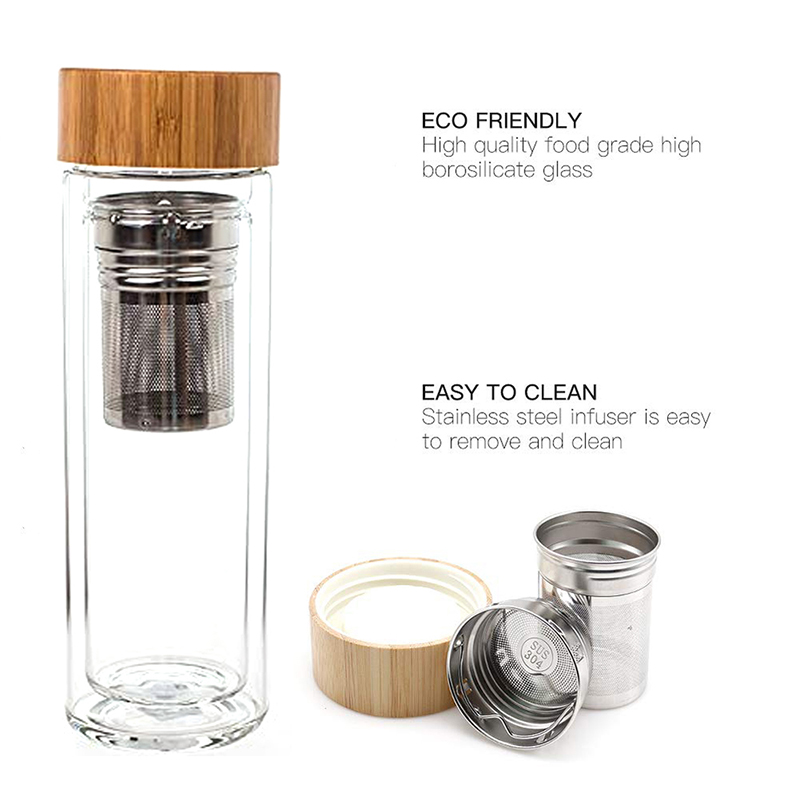 Custom LOGO bamboo cover glass  bottle with tea infuser double wall glass water bottl