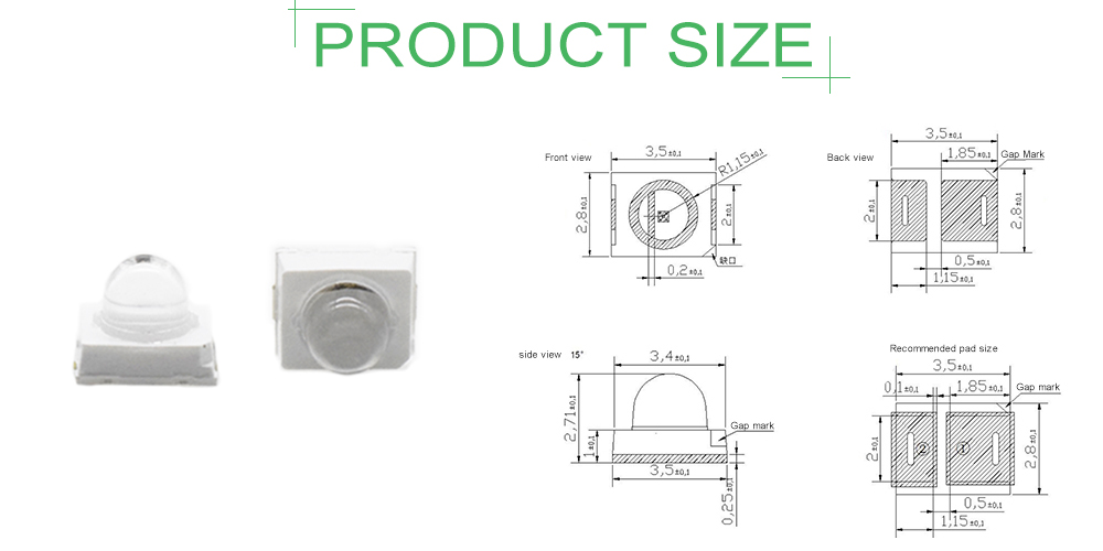 Size of 2835LGC55D5L12A15 2835 SMD LED Dome Lens SMD LED 555nm Standard Green LEDs 15-Degree