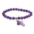 Natural Amethys 8MM Beads Bracelet With Charms Cross