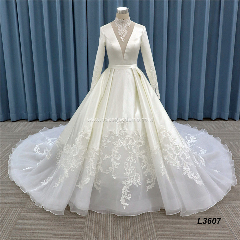 Jancember Luxury v neck Bridal Mermaid long sleeve wedding dress bridal gown satin