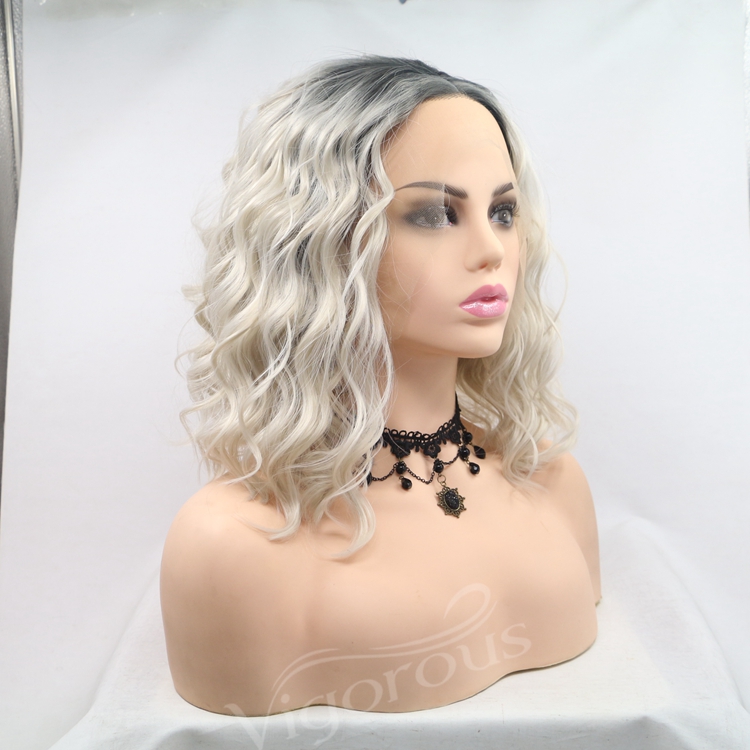 Short Ombre White Bob Body Wave Premium High Quality Curly Wholesale Women's Pixie Cut Synthetic Hair Wigs With 13x3 Lace Front