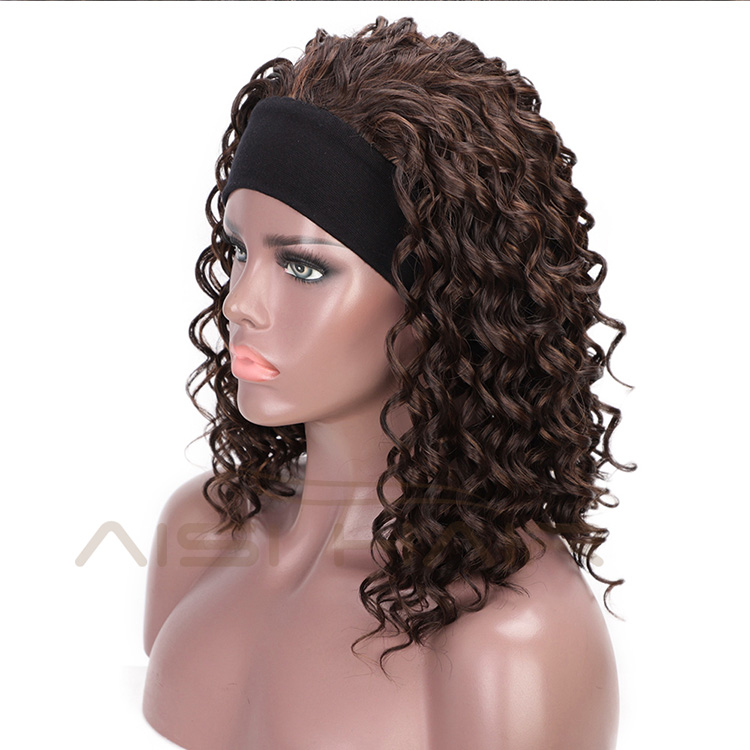 Aisi Hair 3/4 Half Wig Women's Short Full Curly Premium Synthetic Brown Hair Wig with Black Headband for Black Women