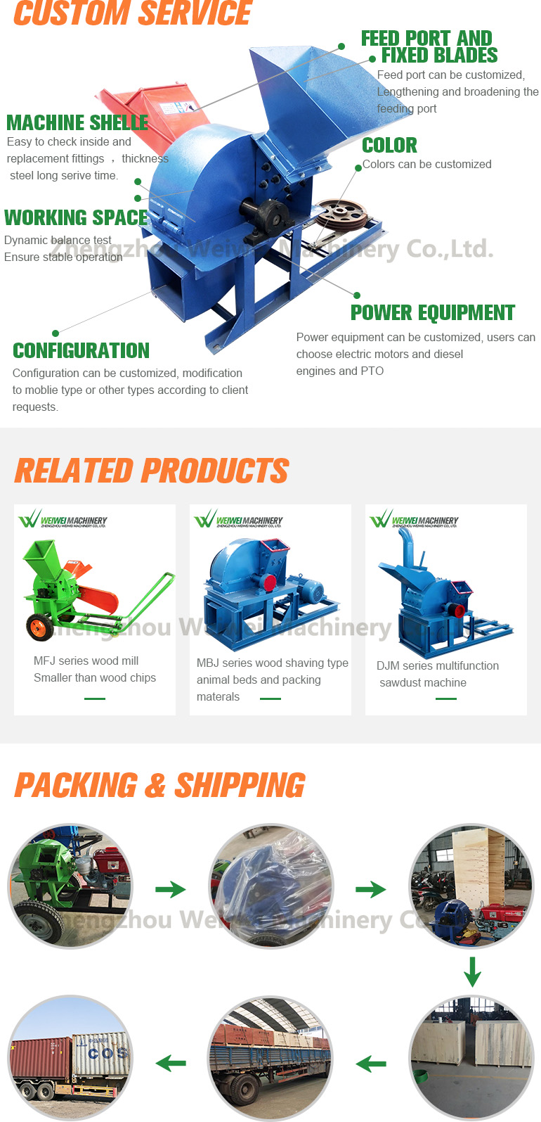 Weiwei wood hammer mill wood crushing machine diesel electric engine