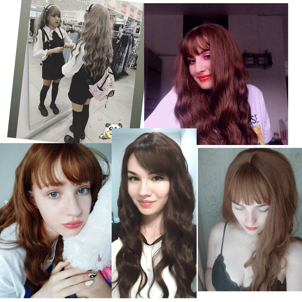 Vigorous Synthetic Long Gray Wigs with Bangs Water Wave Heat Resistant Black Brown Pink Purple Cosplay Wigs for Women
